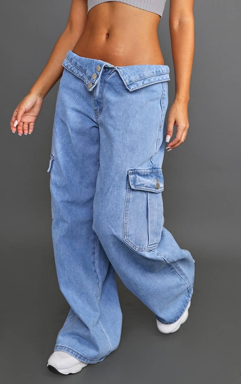 Blugi Pretty Little Thing Petite Wash Asymmetric Foldover Waistband Low Rise Drept Leg Albastri Deschis Albastru Deschis | TIMG83591