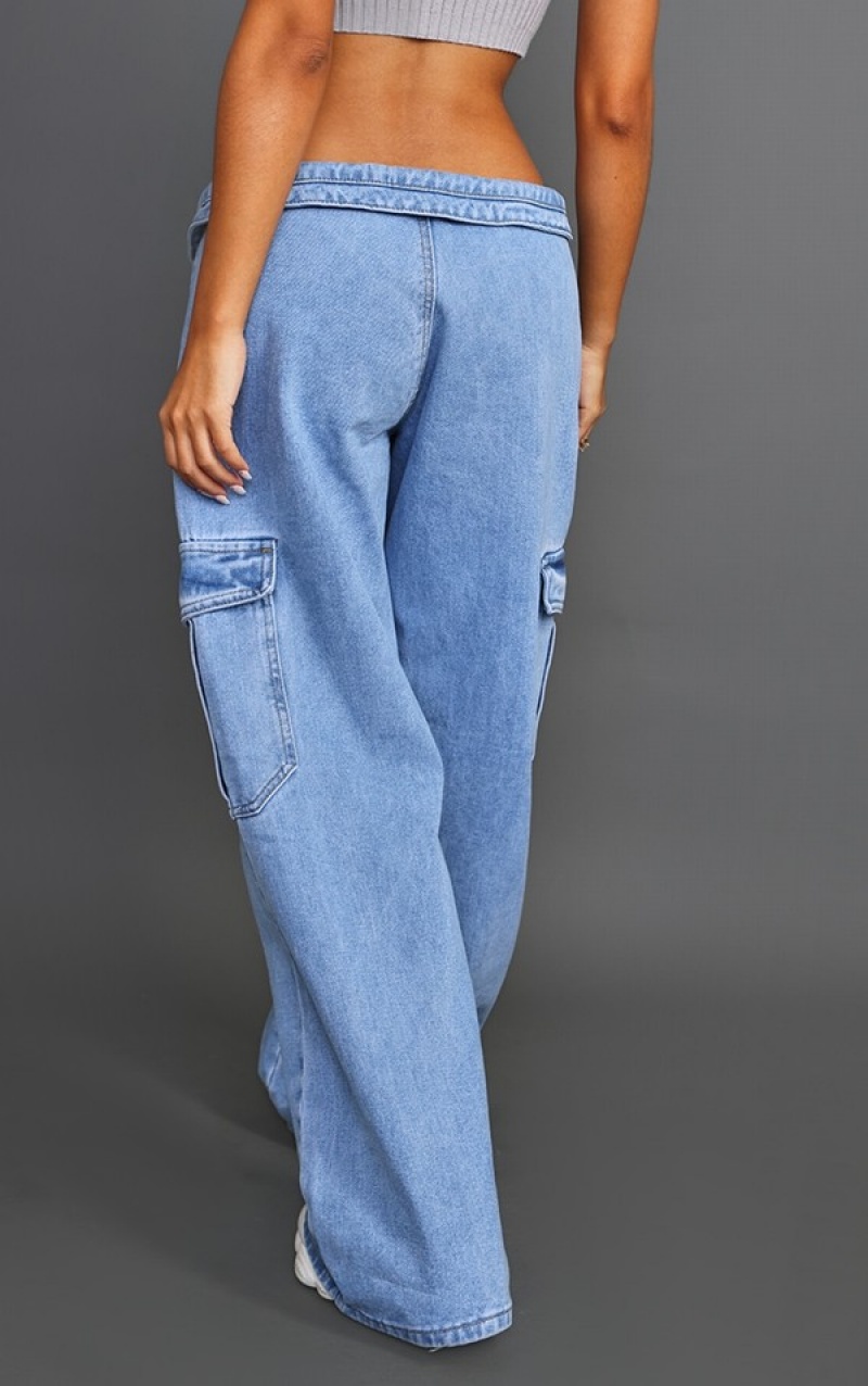 Blugi Pretty Little Thing Petite Wash Asymmetric Foldover Waistband Low Rise Drept Leg Albastri Deschis Albastru Deschis | TIMG83591