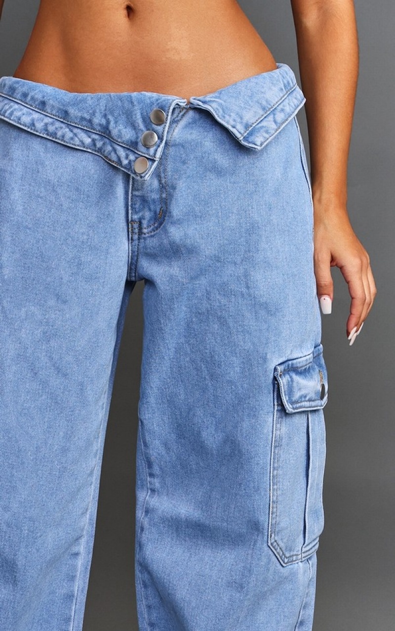Blugi Pretty Little Thing Petite Wash Asymmetric Foldover Waistband Low Rise Drept Leg Albastri Deschis Albastru Deschis | TIMG83591