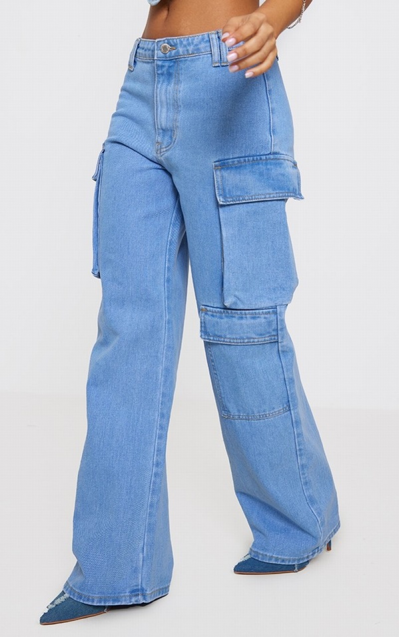 Blugi Pretty Little Thing Petite Wash Cargo Albastri Deschis Albastru Deschis | YSTG59207
