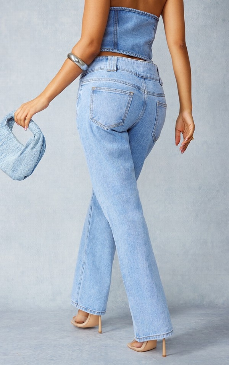 Blugi Pretty Little Thing Petite Wash Drept Leg Albastri Deschis Albastru Deschis | WLCM71486