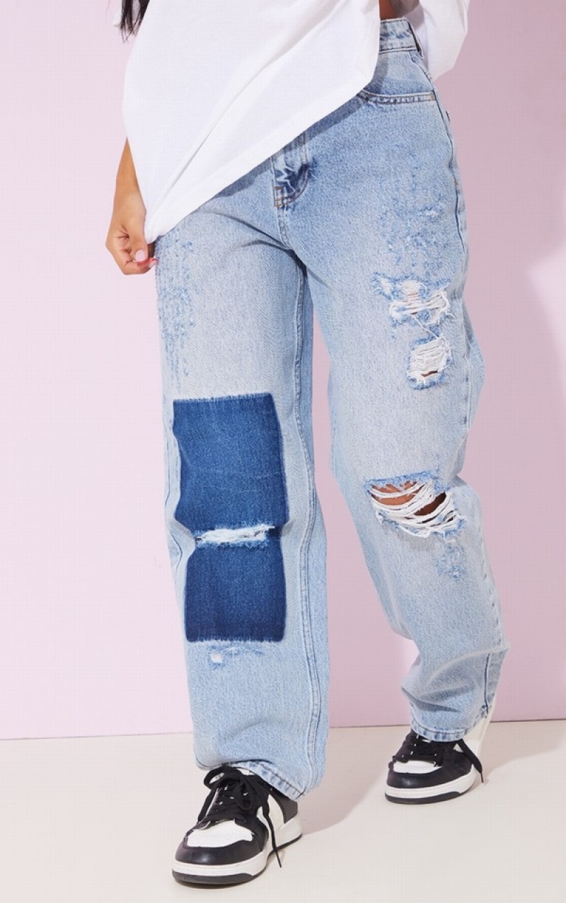 Blugi Pretty Little Thing Petite Wash Largi Leg Distressed Boyfriend Albastri Deschis Albastru Deschis | VYHM47913