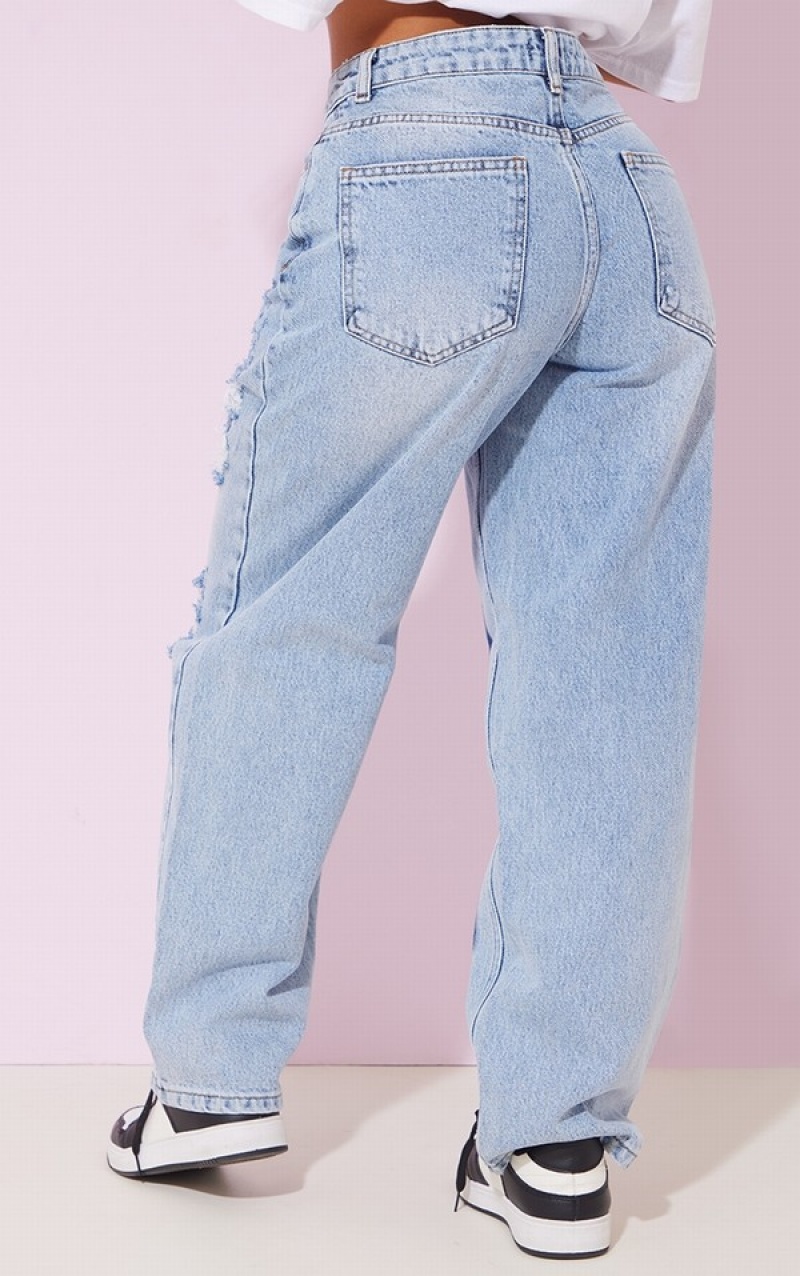 Blugi Pretty Little Thing Petite Wash Largi Leg Distressed Boyfriend Albastri Deschis Albastru Deschis | VYHM47913