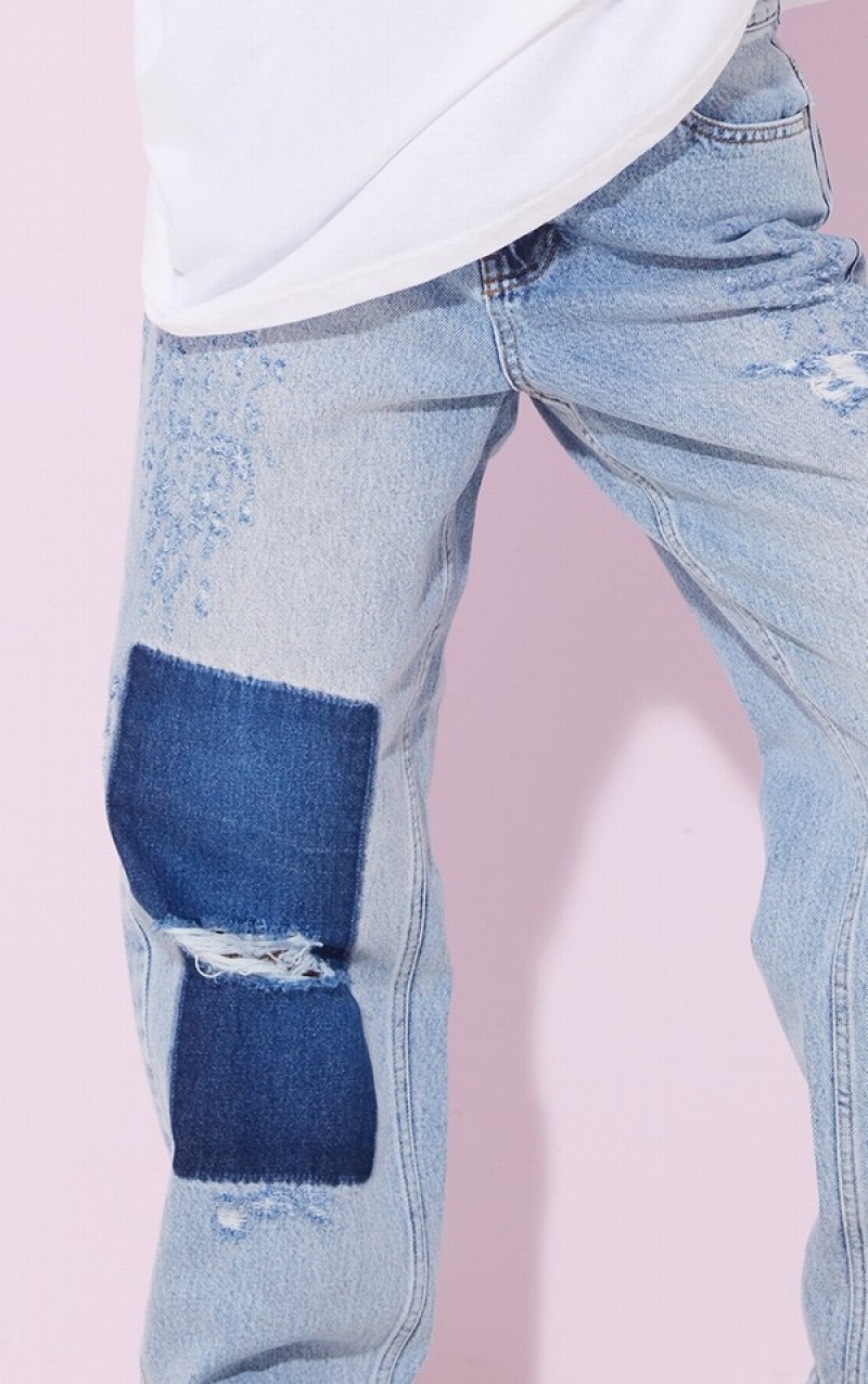 Blugi Pretty Little Thing Petite Wash Largi Leg Distressed Boyfriend Albastri Deschis Albastru Deschis | VYHM47913