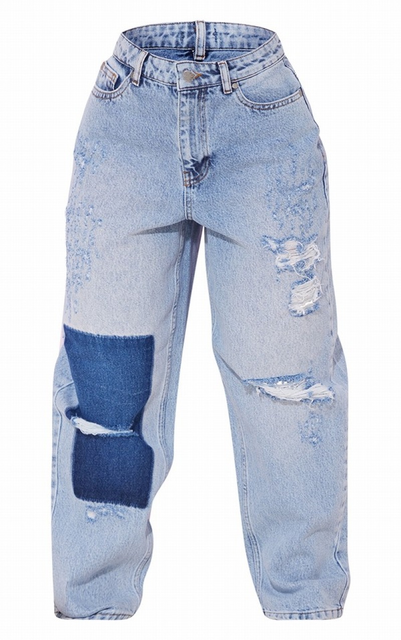 Blugi Pretty Little Thing Petite Wash Largi Leg Distressed Boyfriend Albastri Deschis Albastru Deschis | VYHM47913