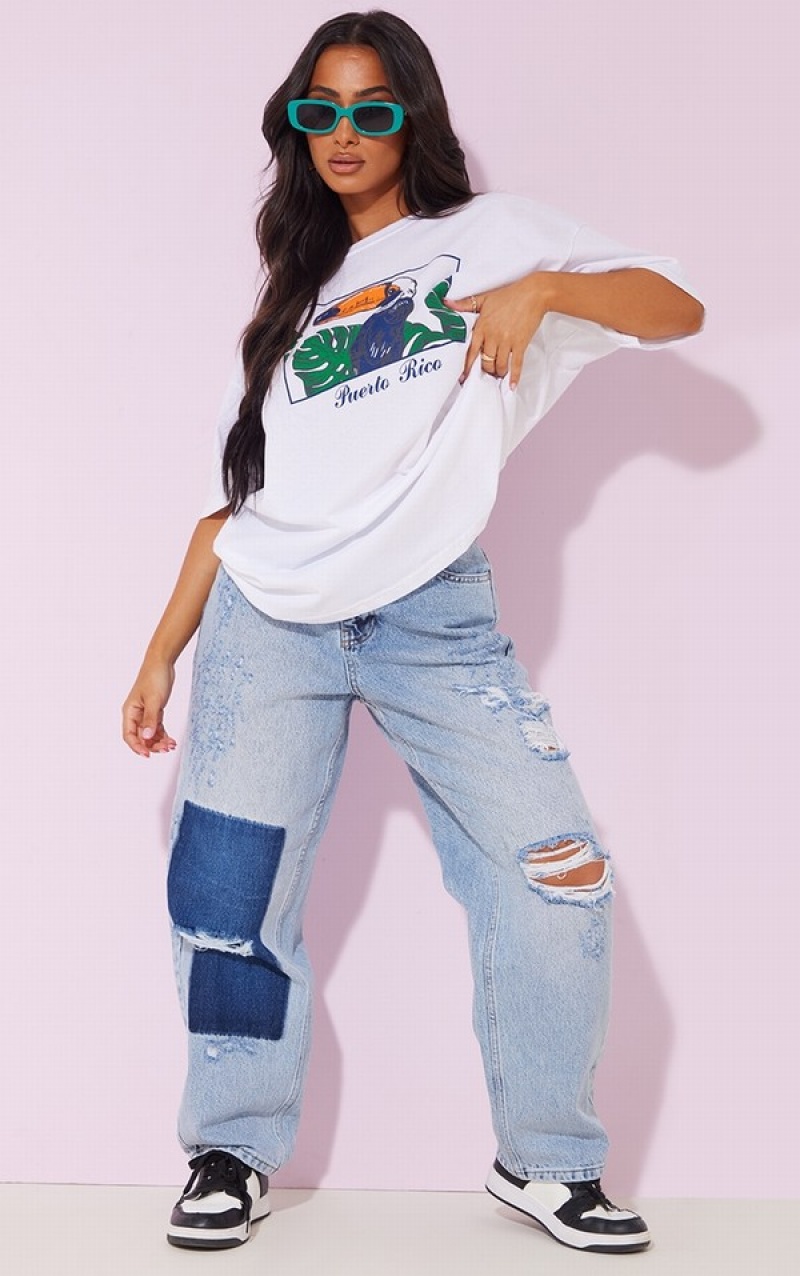Blugi Pretty Little Thing Petite Wash Largi Leg Distressed Boyfriend Albastri Deschis Albastru Deschis | VYHM47913