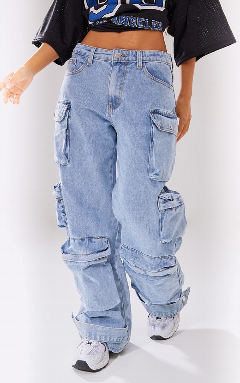 Blugi Pretty Little Thing Petite Wash Pocket Detail Largi Leg Albastri Deschis Albastru Deschis | TEKF98217