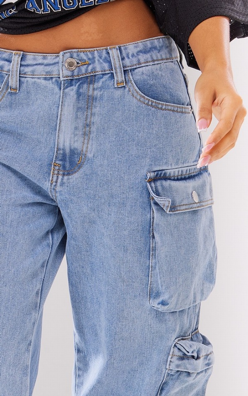 Blugi Pretty Little Thing Petite Wash Pocket Detail Largi Leg Albastri Deschis Albastru Deschis | TEKF98217