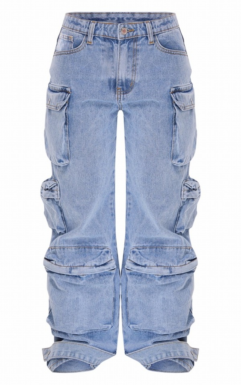 Blugi Pretty Little Thing Petite Wash Pocket Detail Largi Leg Albastri Deschis Albastru Deschis | TEKF98217