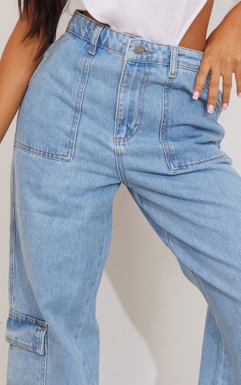 Blugi Pretty Little Thing Petite Wash Pocket gy Largi Leg Jean Albastri Deschis Albastru Deschis | ALMP83496