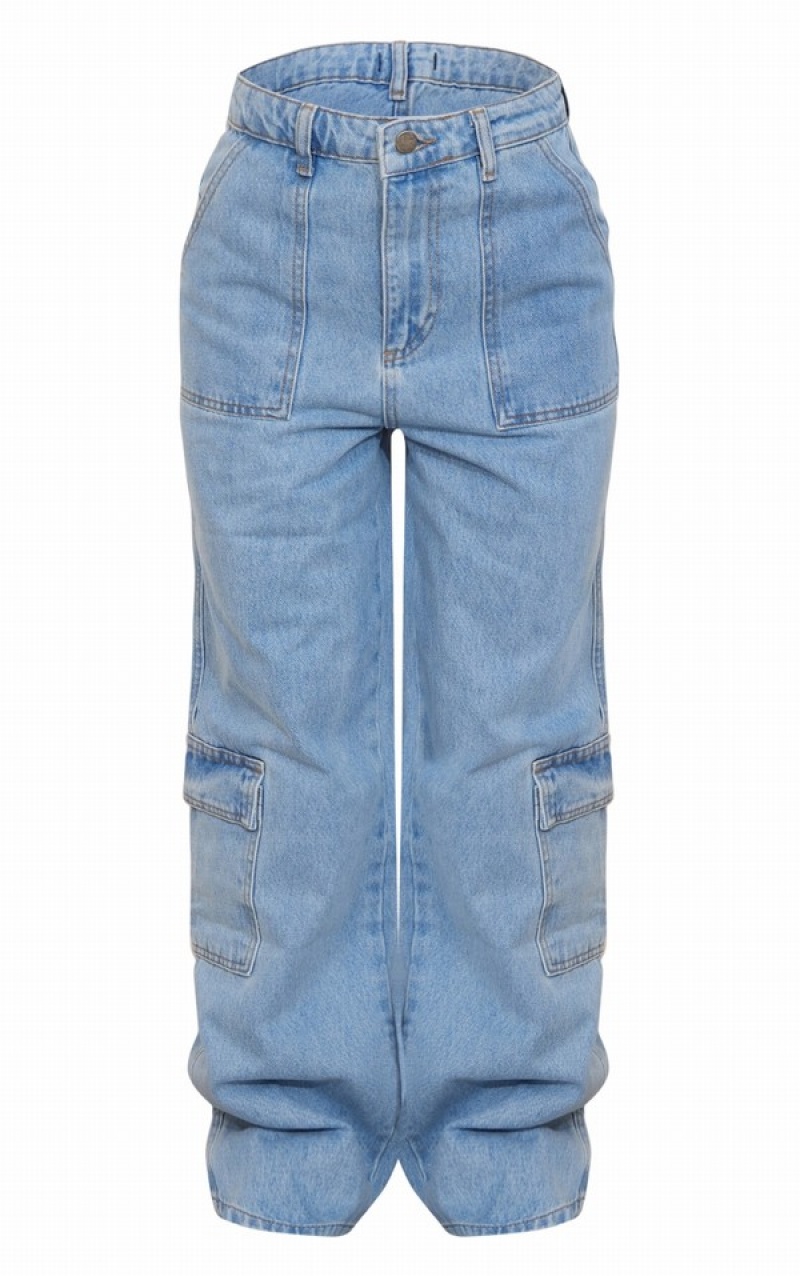 Blugi Pretty Little Thing Petite Wash Pocket gy Largi Leg Jean Albastri Deschis Albastru Deschis | ALMP83496