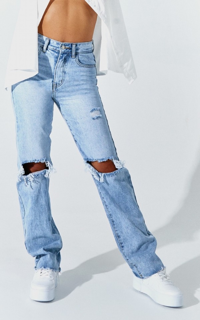 Blugi Pretty Little Thing Petite Wash Ripped Long Leg Drept Albastri | NQBW46257