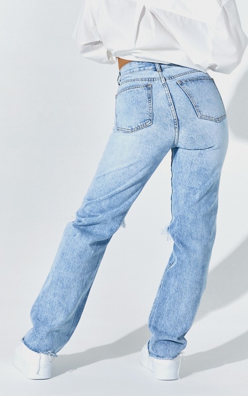 Blugi Pretty Little Thing Petite Wash Ripped Long Leg Drept Albastri | NQBW46257