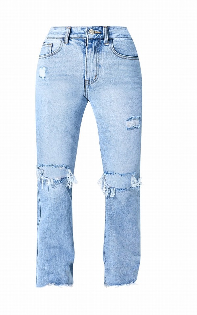 Blugi Pretty Little Thing Petite Wash Ripped Long Leg Drept Albastri | NQBW46257