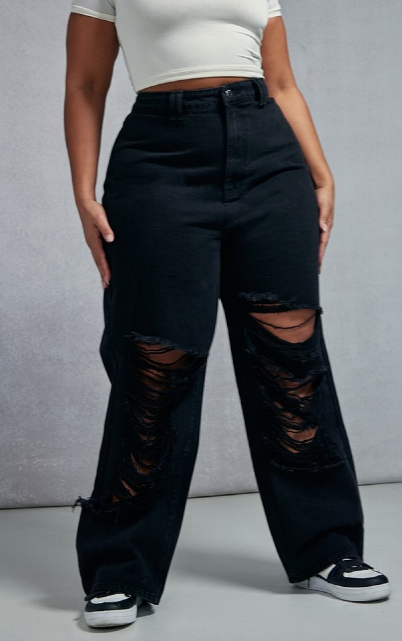 Blugi Pretty Little Thing Plus Distressed Largi Leg Negrii | POVK21543
