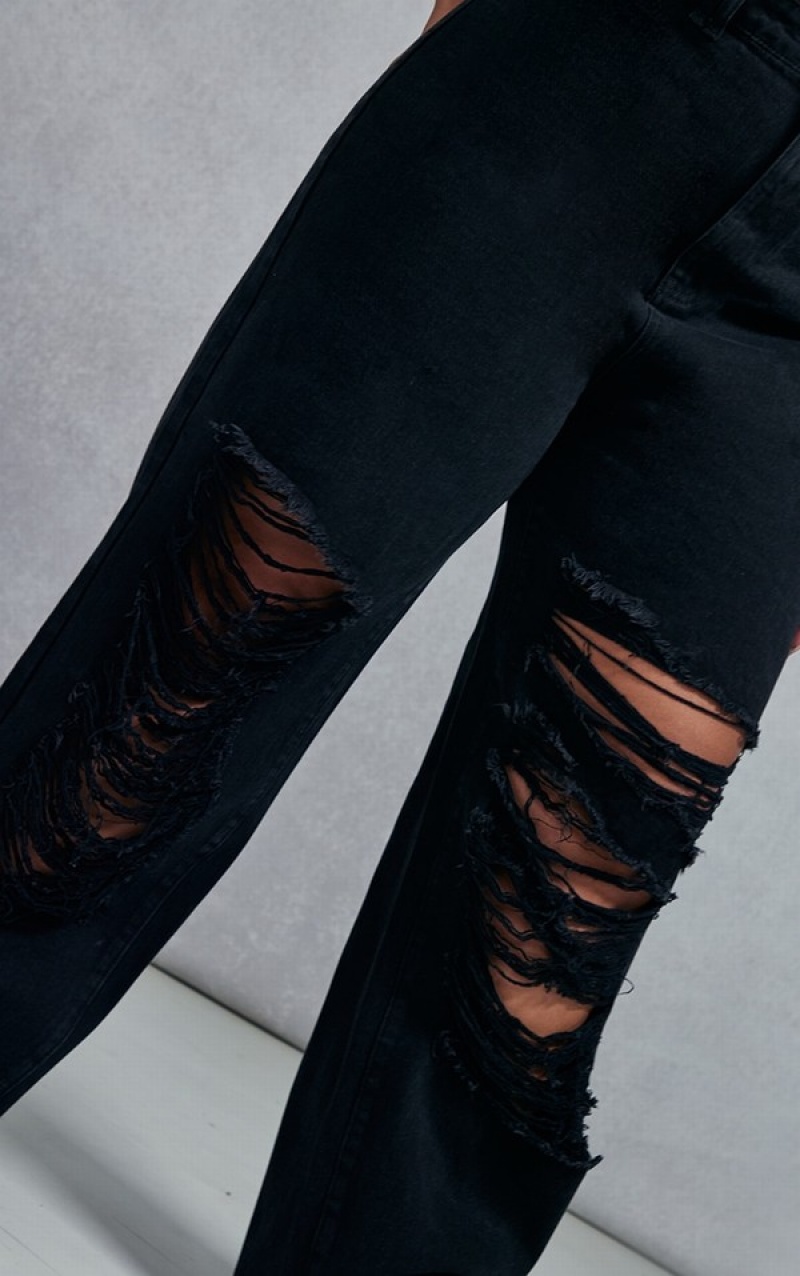 Blugi Pretty Little Thing Plus Distressed Largi Leg Negrii | POVK21543