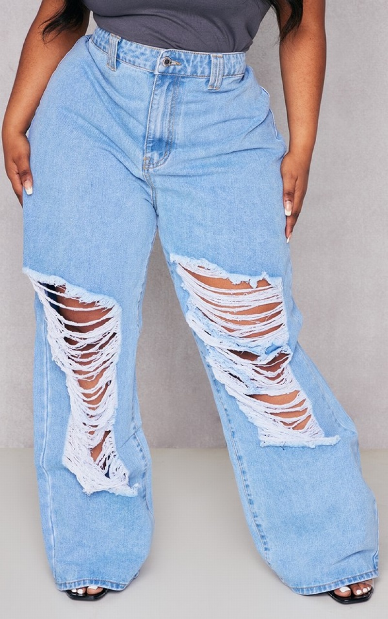 Blugi Pretty Little Thing Plus Distressed Largi Leg Albastri Deschis | SKFL47150