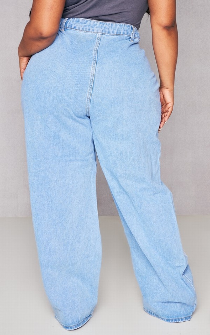 Blugi Pretty Little Thing Plus Distressed Largi Leg Albastri Deschis | SKFL47150
