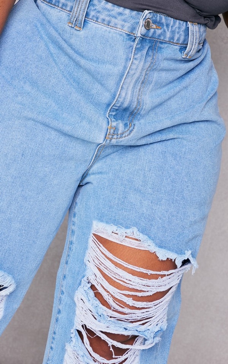Blugi Pretty Little Thing Plus Distressed Largi Leg Albastri Deschis | SKFL47150