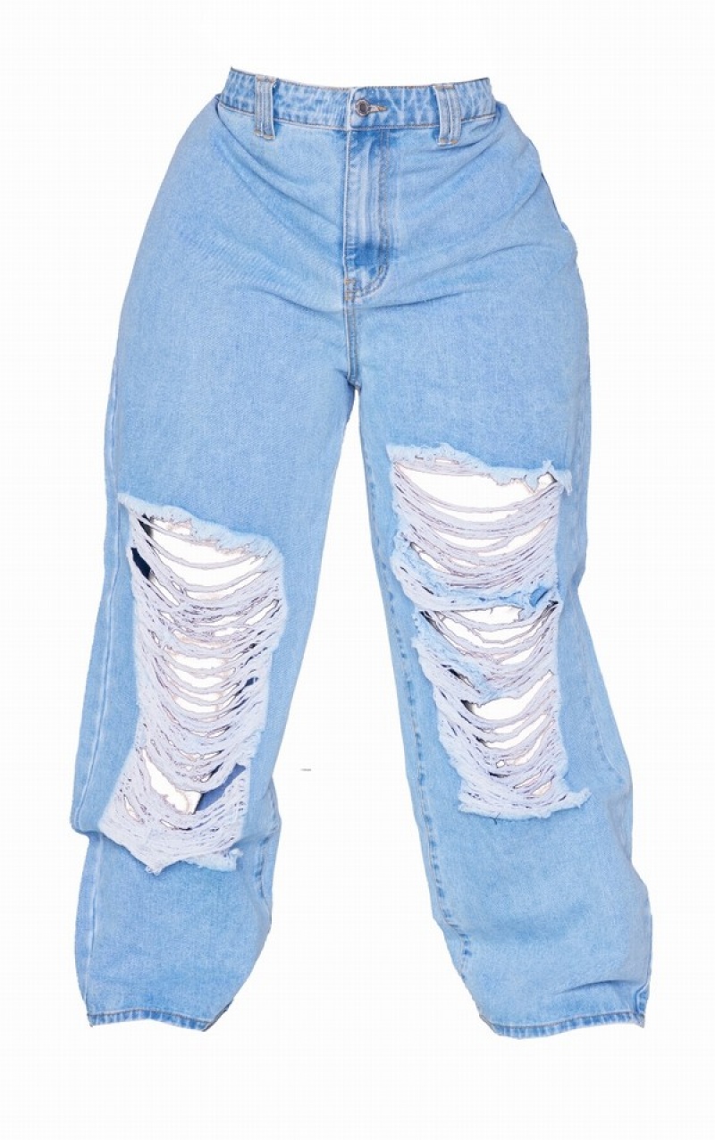 Blugi Pretty Little Thing Plus Distressed Largi Leg Albastri Deschis | SKFL47150