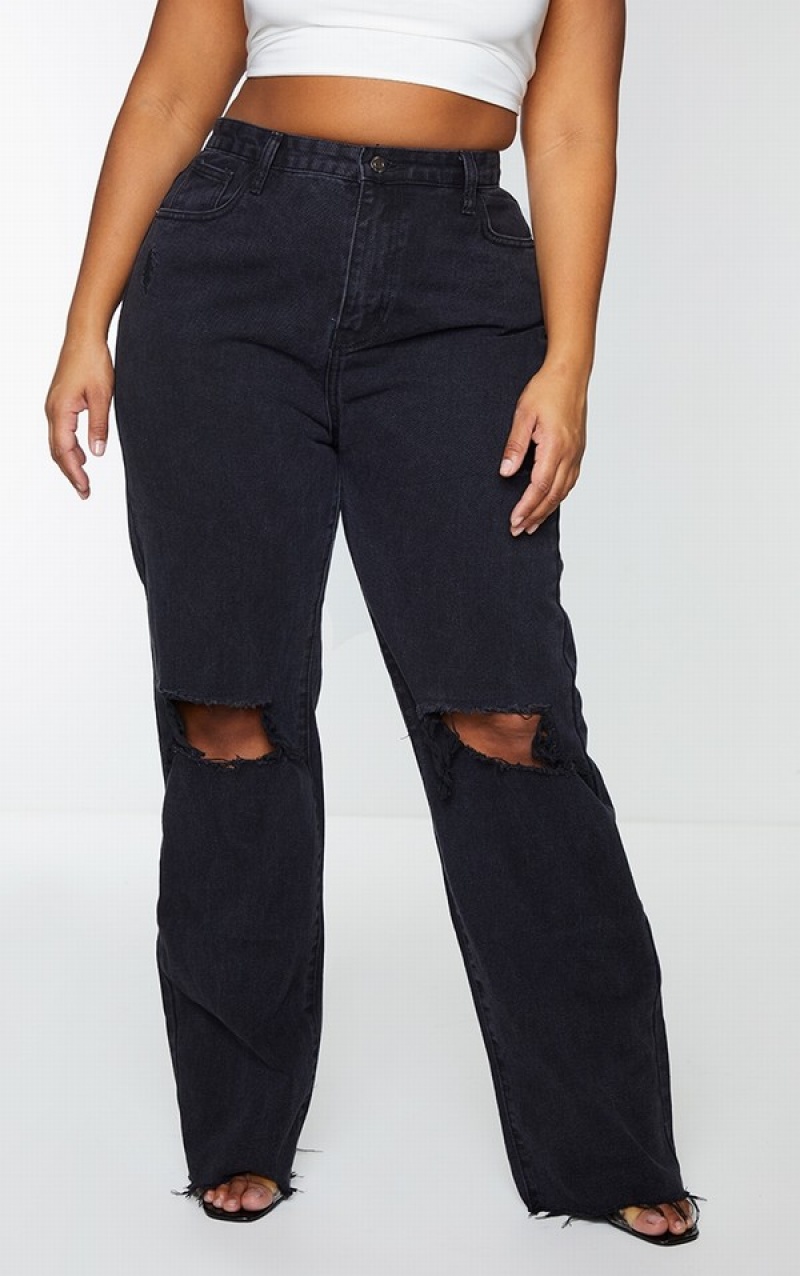Blugi Pretty Little Thing Plus Ripped Long Leg Drept Negrii | RYJG53240