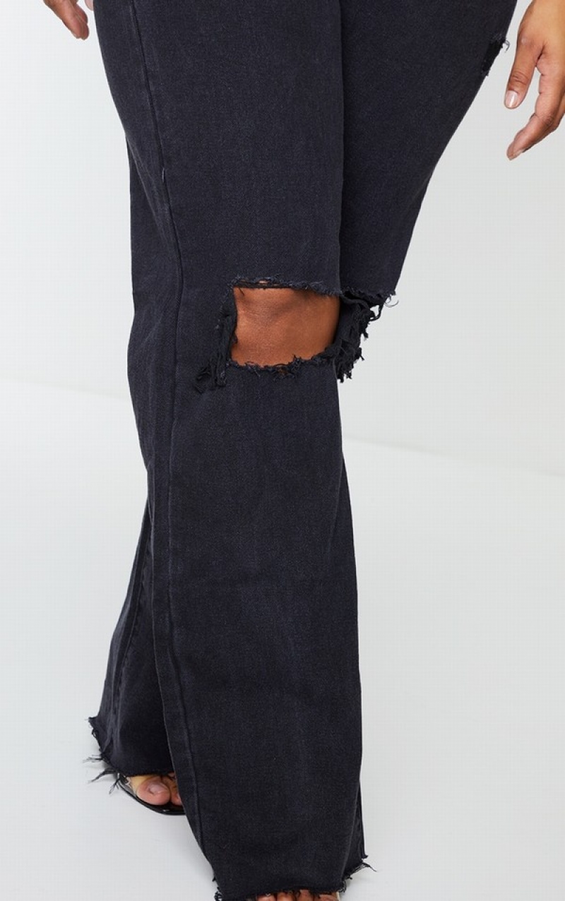 Blugi Pretty Little Thing Plus Ripped Long Leg Drept Negrii | RYJG53240