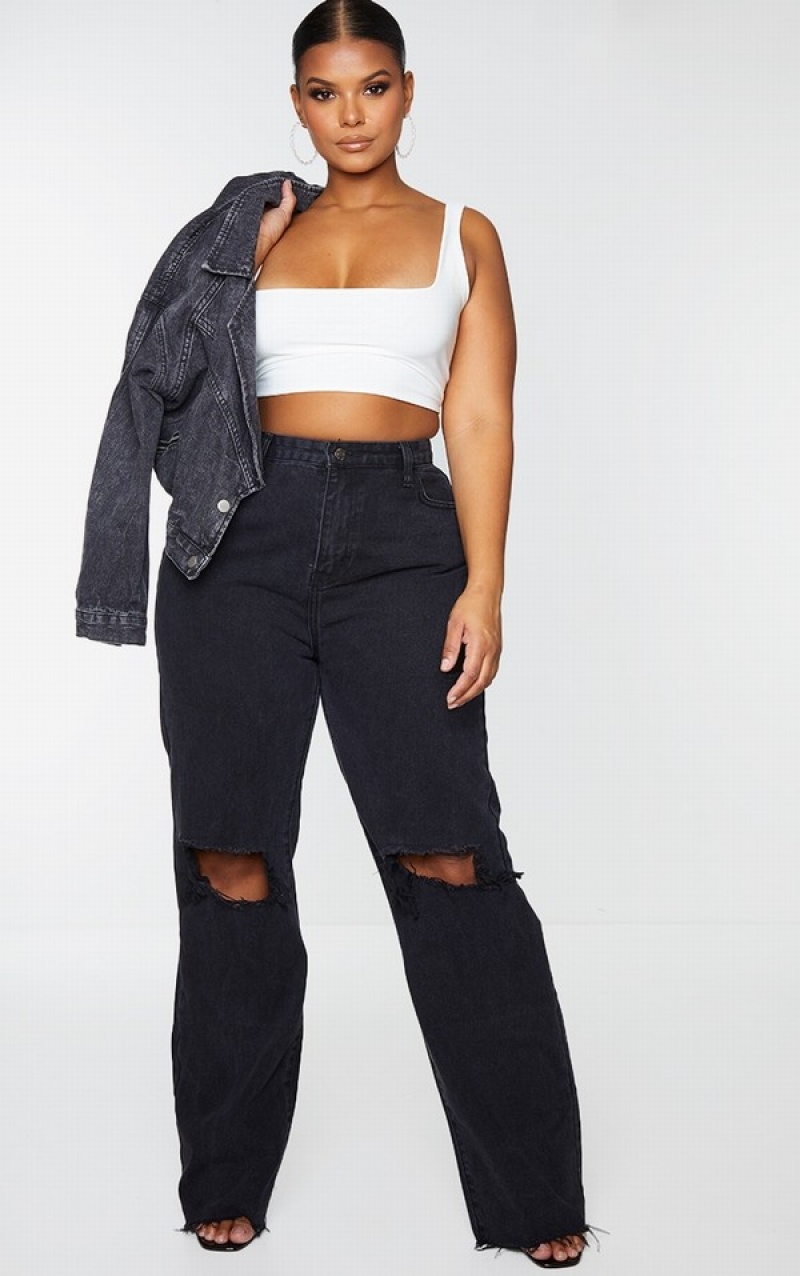 Blugi Pretty Little Thing Plus Ripped Long Leg Drept Negrii | RYJG53240