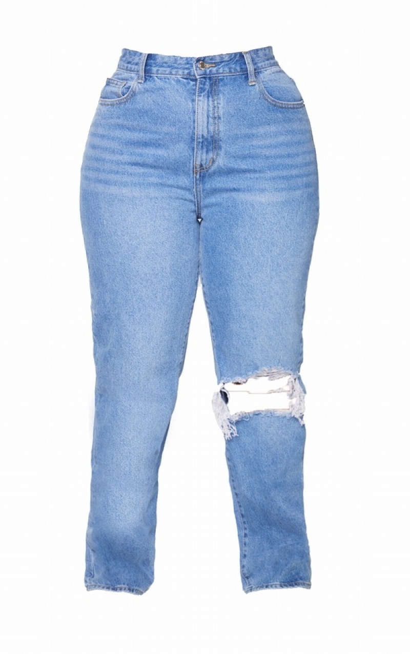 Blugi Pretty Little Thing Plus Wash Open Knee Long Leg Drept Leg Albastri Deschis Albastru Deschis | JYUR38124