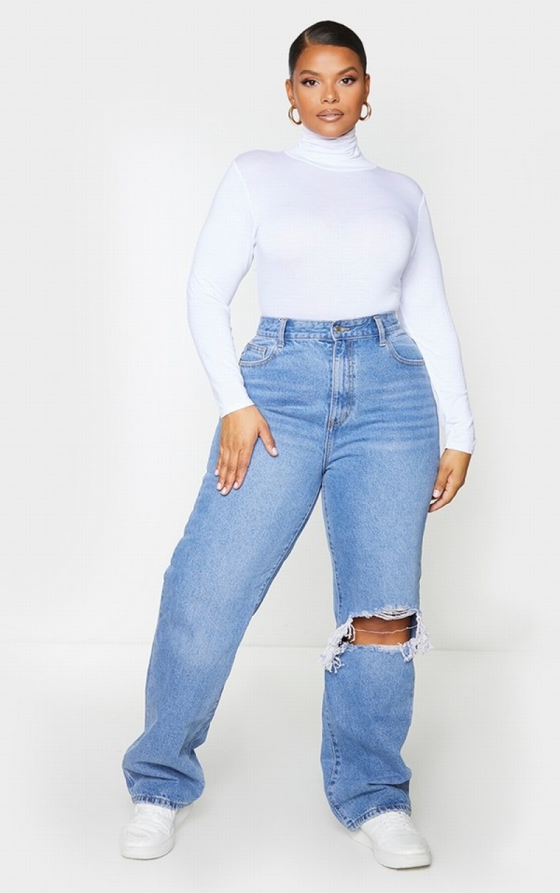 Blugi Pretty Little Thing Plus Wash Open Knee Long Leg Drept Leg Albastri Deschis Albastru Deschis | JYUR38124