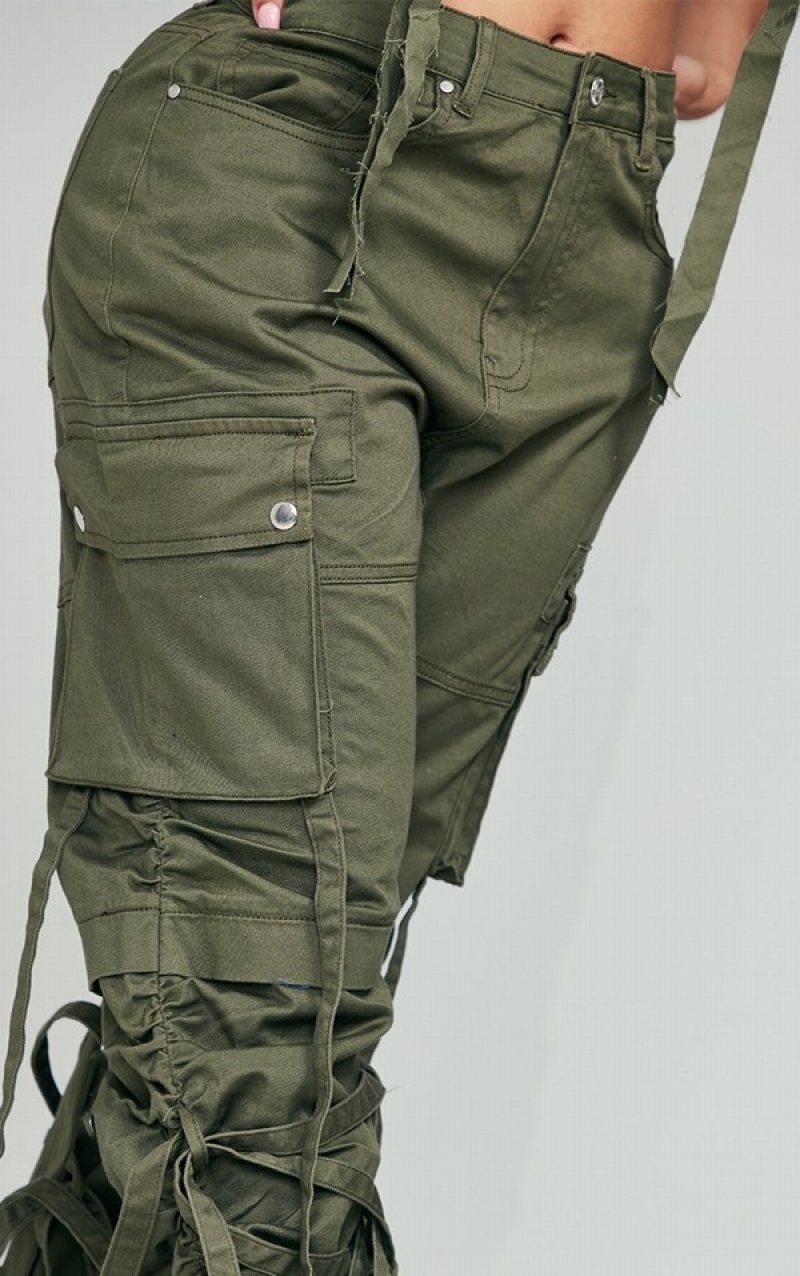 Blugi Pretty Little Thing Shape Cargo Tie Detail Cuffed Kaki | DXRN21756