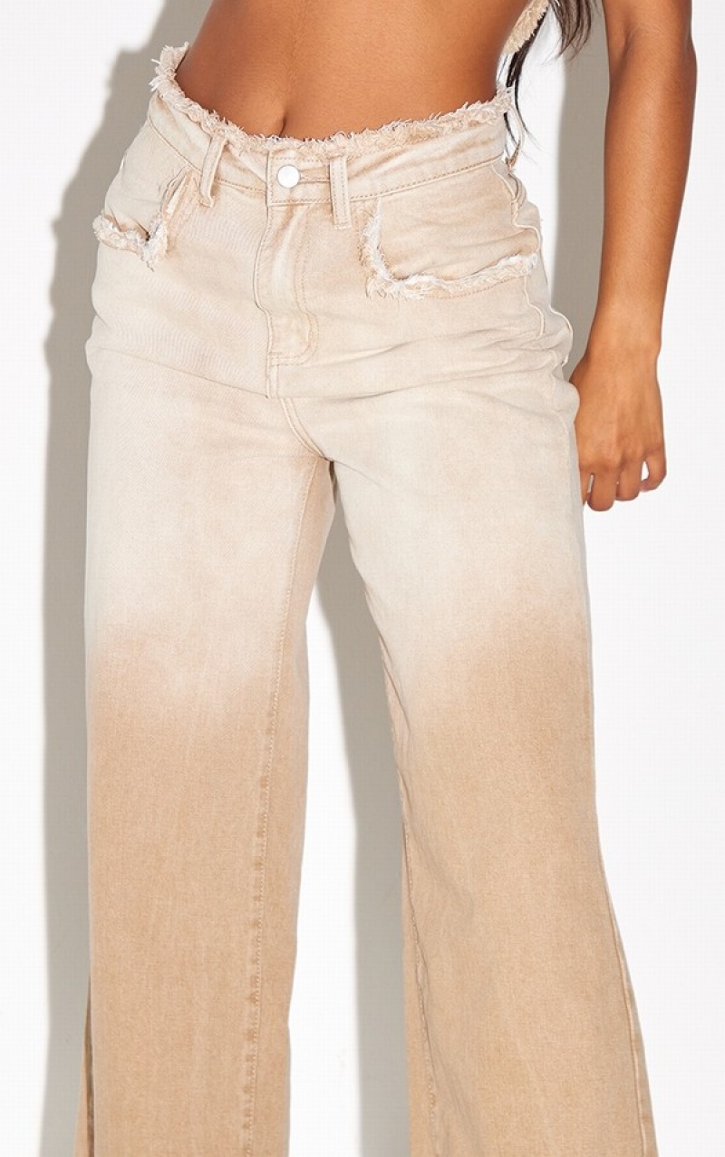 Blugi Pretty Little Thing Stone Ombre Frayed Largi Leg Gri | KWQD13765