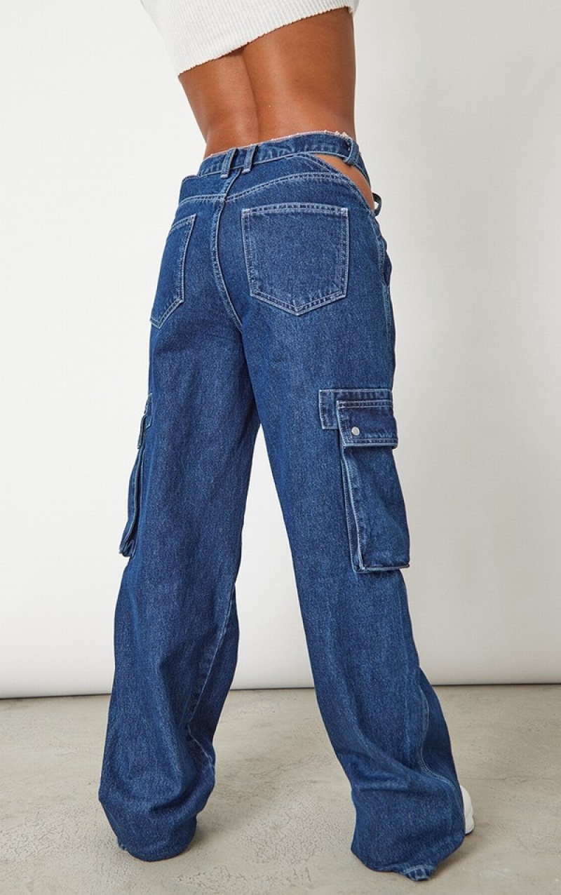 Blugi Pretty Little Thing Wash Cut Out Asymmetric Waistband Cargo Albastri Inchis Albastru Deschis | EPBZ27843
