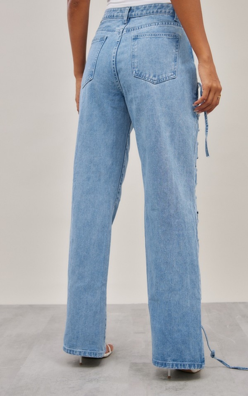 Blugi Pretty Little Thing Wash Dantela Up Side Detail Drept Leg Albastri Deschis Albastru Deschis | FSVQ64073