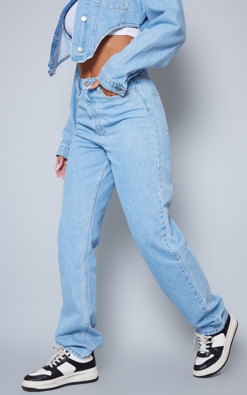 Blugi Pretty Little Thing Wash Long Leg Drept Leg Jean Albastri Deschis Albastru Deschis | TWKP05637