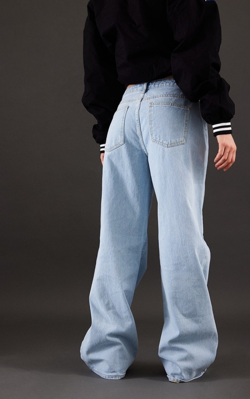 Blugi Pretty Little Thing Wash Low Rise Largi Leg Albastri Deschis Albastru Deschis | RCSH98637