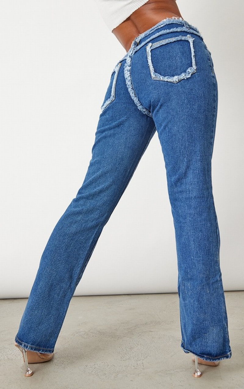 Blugi Pretty Little Thing Wash Low Rise Frayed Waistband Flare Albastri Inchis Albastru Deschis | DKWU42716