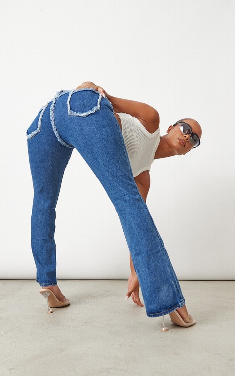 Blugi Pretty Little Thing Wash Low Rise Frayed Waistband Flare Albastri Inchis Albastru Deschis | DKWU42716