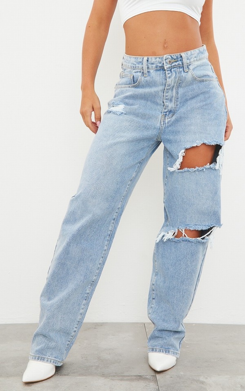 Blugi Pretty Little Thing Wash Open Knee Boyfriend Albastri Deschis Albastru Deschis | UJTA26831