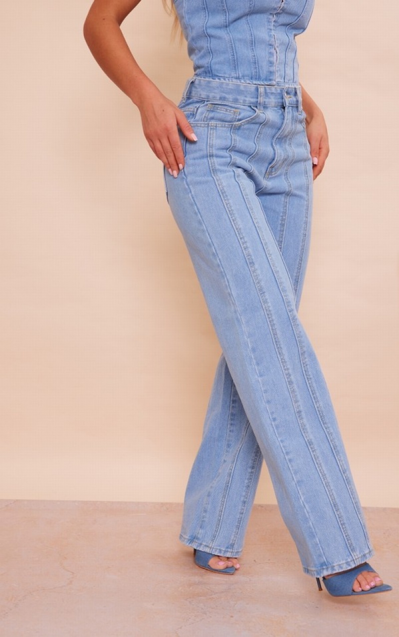 Blugi Pretty Little Thing Wash Panelled Seam Detail Drept Leg Albastri Deschis Albastru Deschis | DEZT42190