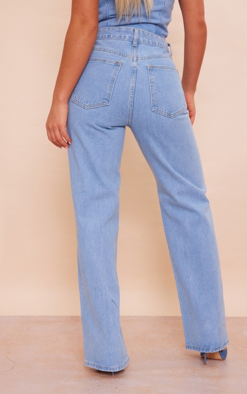 Blugi Pretty Little Thing Wash Panelled Seam Detail Drept Leg Albastri Deschis Albastru Deschis | DEZT42190