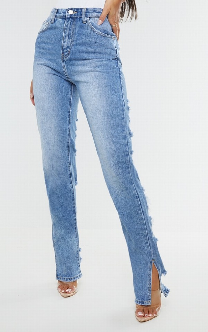 Blugi Pretty Little Thing Wash Ripped Back Split Hem Albastri Deschis Albastru Deschis | ZFSR95817