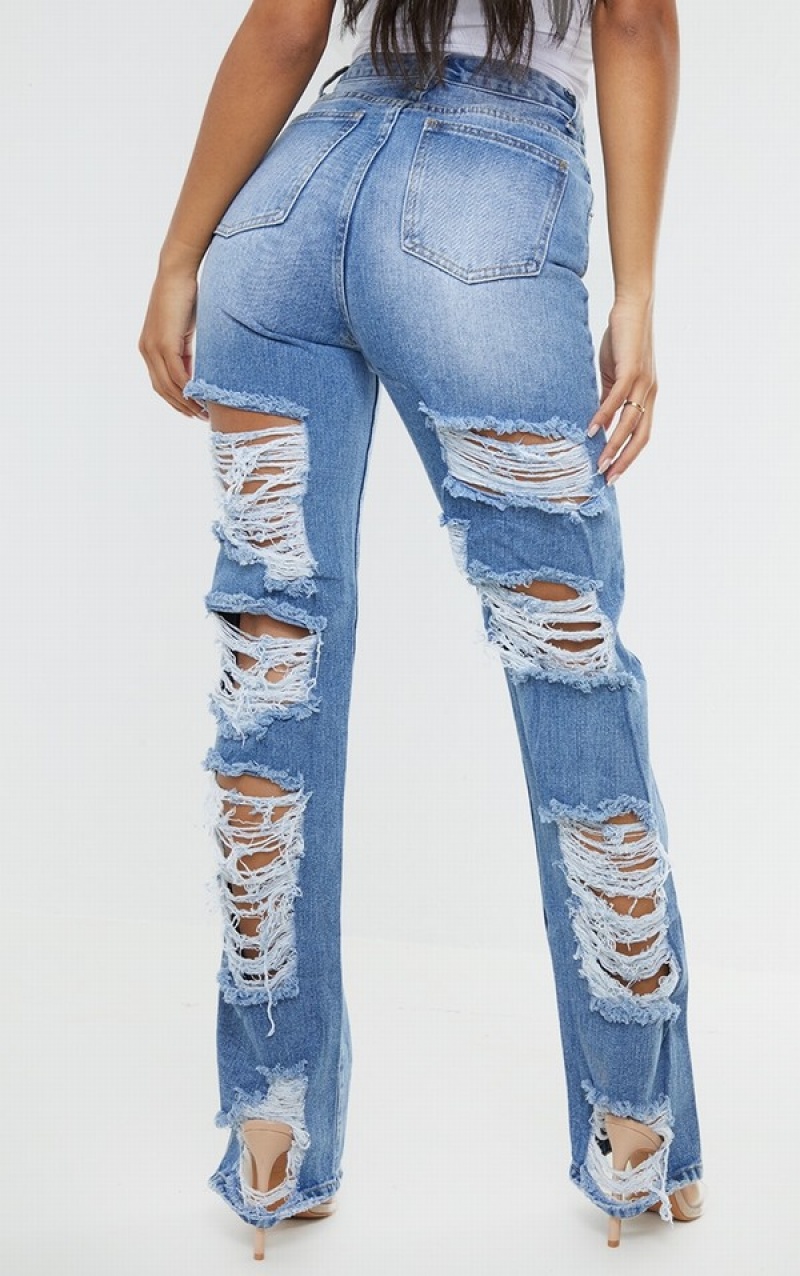 Blugi Pretty Little Thing Wash Ripped Back Split Hem Albastri Deschis Albastru Deschis | ZFSR95817