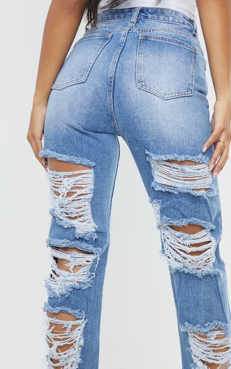 Blugi Pretty Little Thing Wash Ripped Back Split Hem Albastri Deschis Albastru Deschis | ZFSR95817
