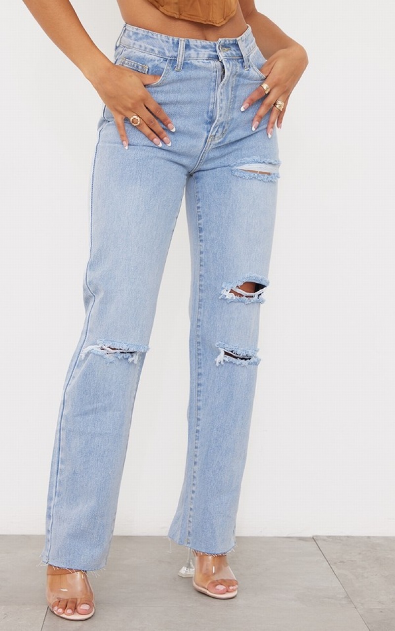 Blugi Pretty Little Thing Wash Ripped Long Leg Drept Albastri Deschis Albastru Deschis | WVFD23418