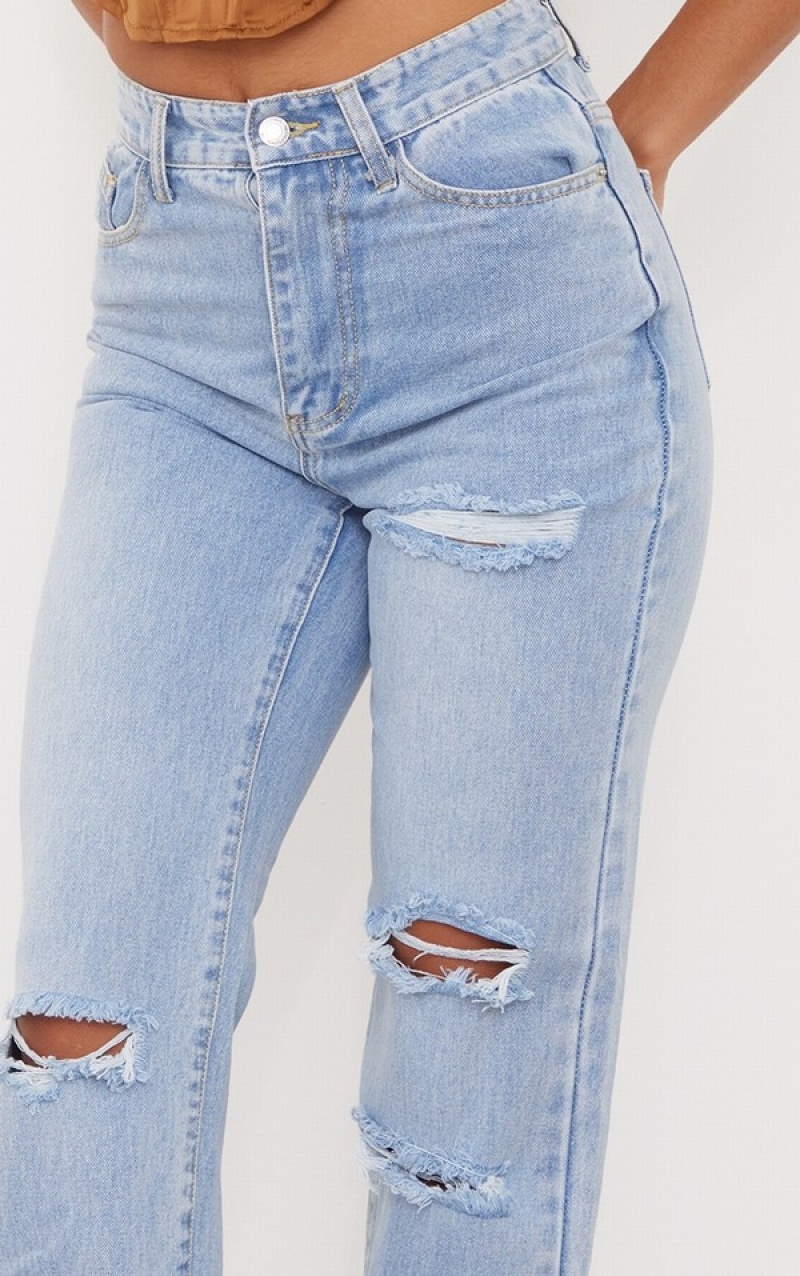 Blugi Pretty Little Thing Wash Ripped Long Leg Drept Albastri Deschis Albastru Deschis | WVFD23418