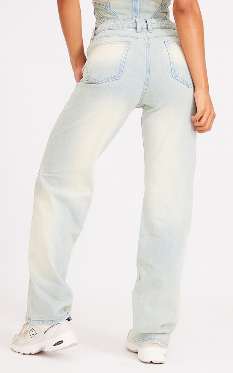 Blugi Pretty Little Thing Wash Seam Detail Boyfriend Jean Albastri Deschis | JZXW60387