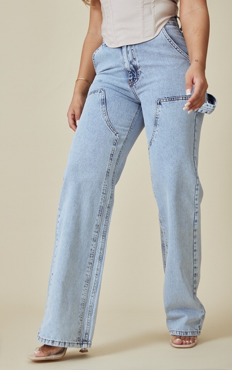 Blugi Pretty Little Thing Wash Seam Detail Panel Drept Leg Albastri Deschis Albastru Deschis | CWUO42379