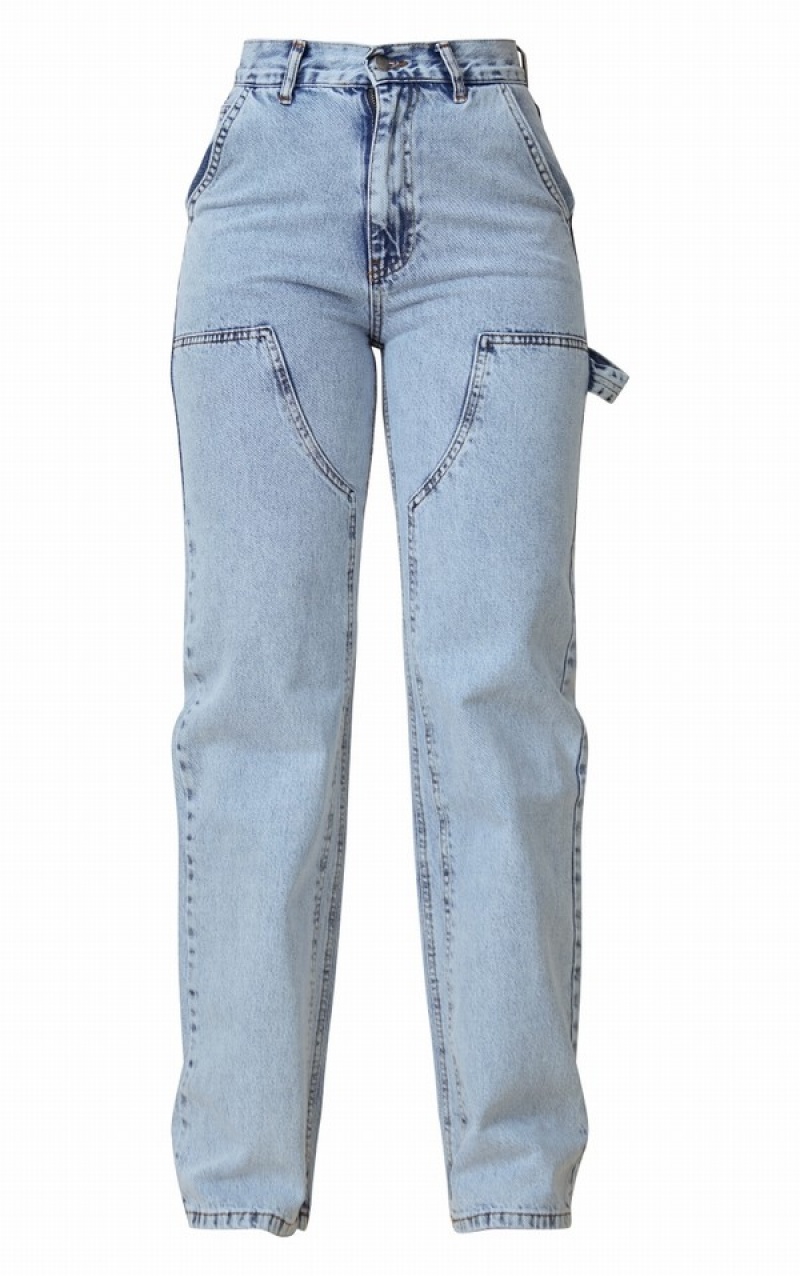 Blugi Pretty Little Thing Wash Seam Detail Panel Drept Leg Albastri Deschis Albastru Deschis | CWUO42379
