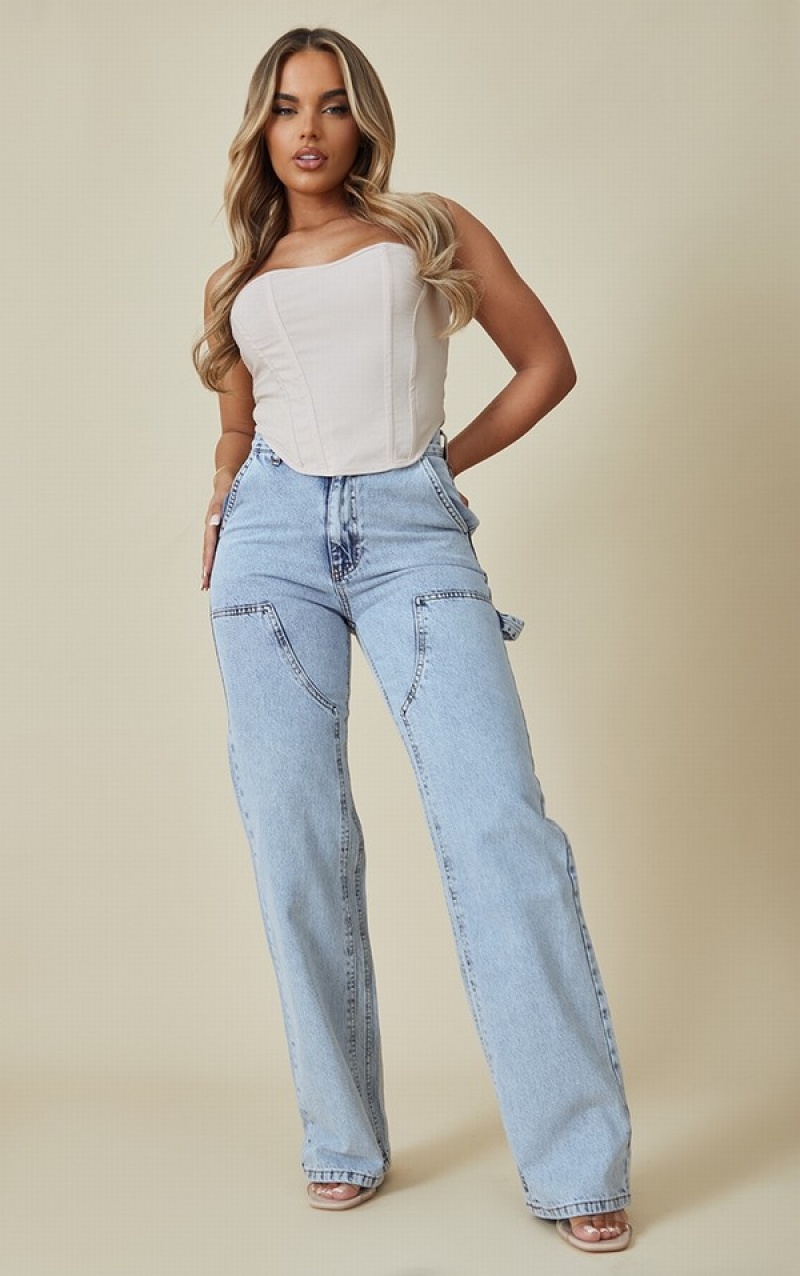 Blugi Pretty Little Thing Wash Seam Detail Panel Drept Leg Albastri Deschis Albastru Deschis | CWUO42379
