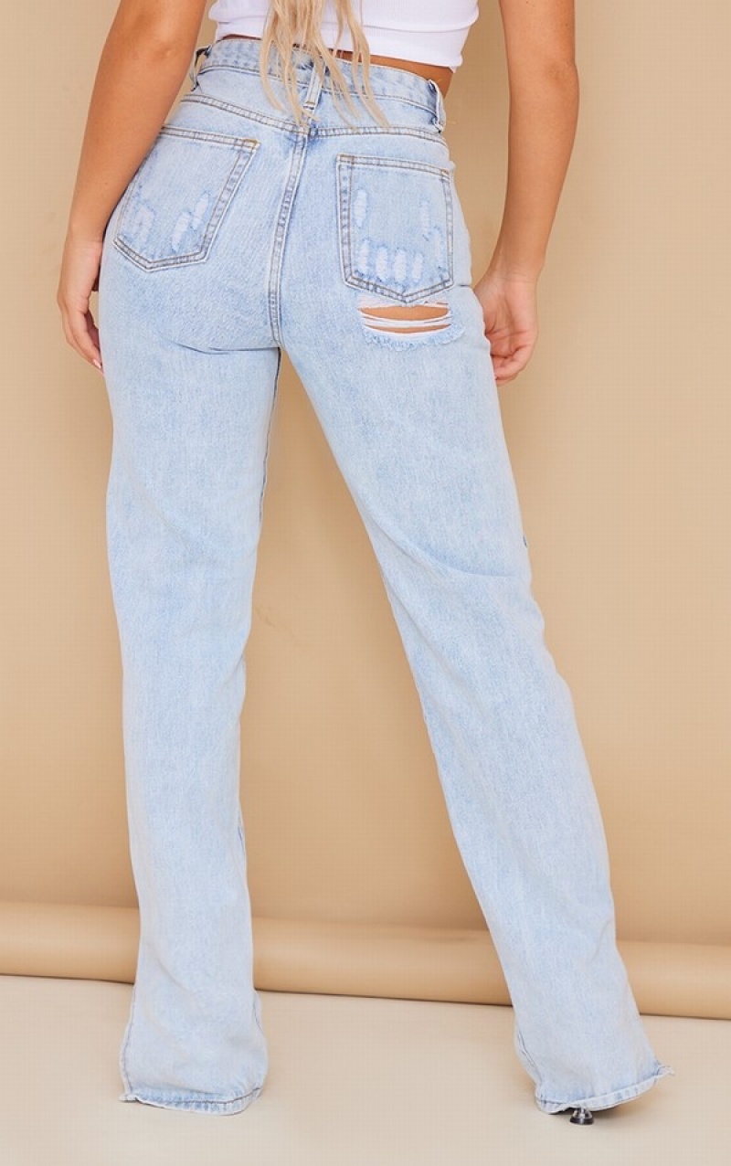 Blugi Pretty Little Thing Wash Split Hem With Bum Distress Albastri Deschis Albastru Deschis | UMFY64309